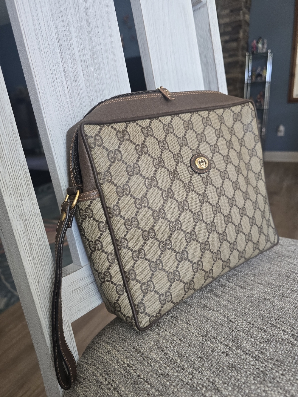 Authentic Gucci Beige & Brown GG Monogram Wristlet Crossbody